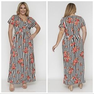 NEW PLUS Black White Stripe Floral Maxi Dress